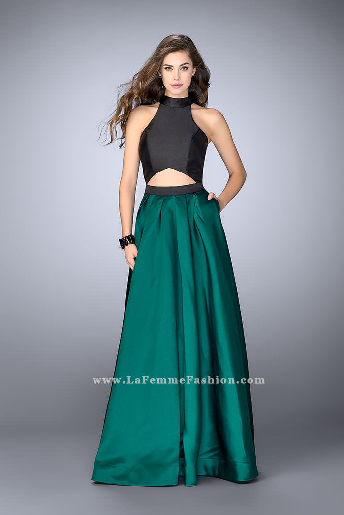 Picture of: Long Mikado A-line Dress with Cut Outs and Pockets in Green, Style: 24135, Detail Picture 1