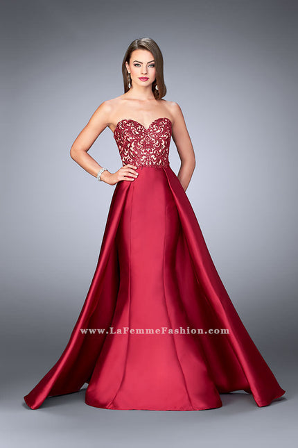 Picture of: Strapless Embroidered Prom Dress with Cape Overlay in Red, Style: 24146, Main Picture