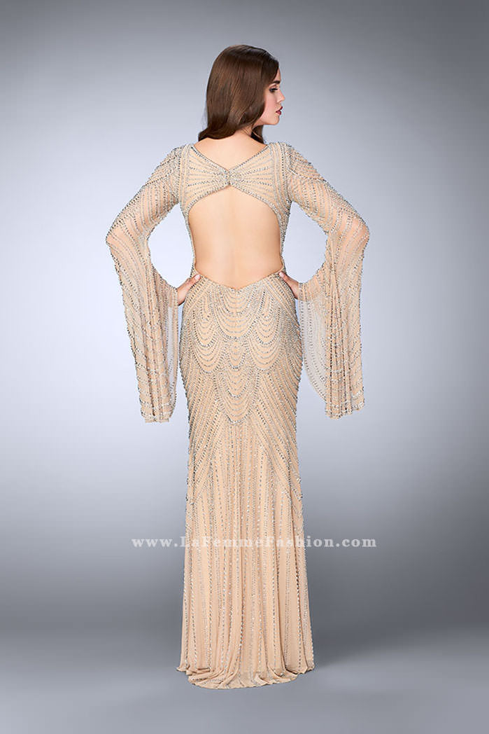 Picture of: Bell Sleeve Dress with Beaded Pattern and Open Back in Nude, Style: 24162, Back Picture