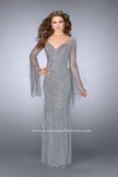 Picture of: Bell Sleeve Dress with Beaded Pattern and Open Back in Silver, Style: 24162, Detail Picture 1