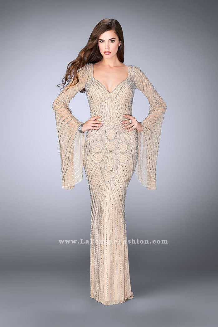 Picture of: Bell Sleeve Dress with Beaded Pattern and Open Back in Nude, Style: 24162, Detail Picture 2