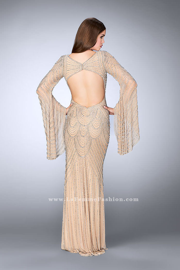 Picture of: Bell Sleeve Dress with Beaded Pattern and Open Back in Nude, Style: 24162, Detail Picture 4