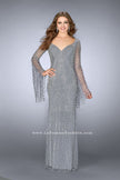 Picture of: Bell Sleeve Dress with Beaded Pattern and Open Back in Silver, Style: 24162, Detail Picture 5