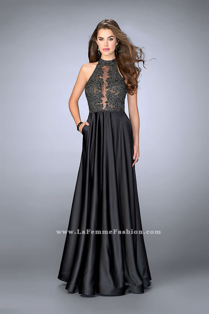 Picture of: High Neck A-line Prom Dress with Full Satin Skirt in Black, Style: 24169, Main Picture
