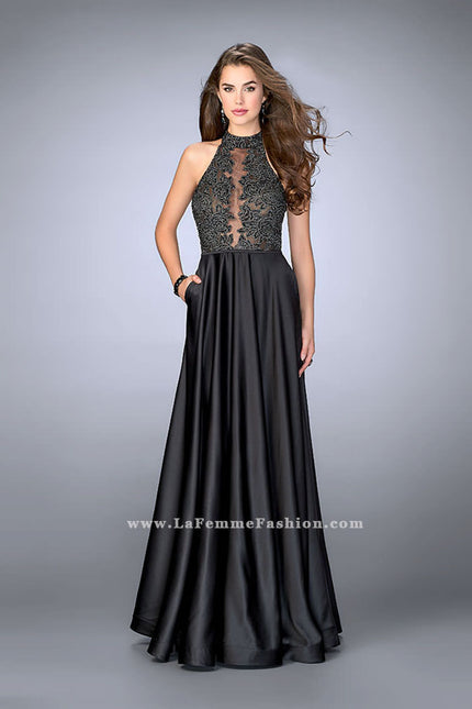 Picture of: High Neck A-line Prom Dress with Full Satin Skirt in Black, Style: 24169, Main Picture