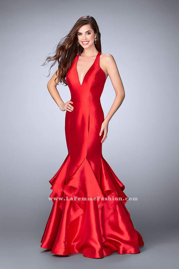 Picture of: Long Mermaid Ruffle Dress with Deep V Neckline in Red, Style: 24197, Main Picture