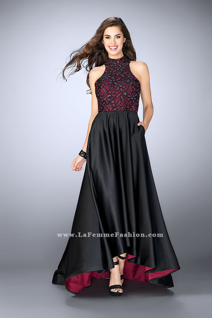 Picture of: High Low Prom Dress with Lace Top and Strappy Back in Black, Style: 24234, Main Picture
