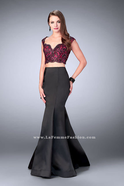 Picture of: Long Two Piece Mermaid Dress with Beaded Lace Top in Black, Style: 24235, Main Picture