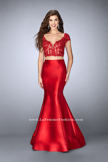 Picture of: Two Piece Mermaid Dress with Lace Top and Cap Sleeves in Red, Style: 24239, Main Picture