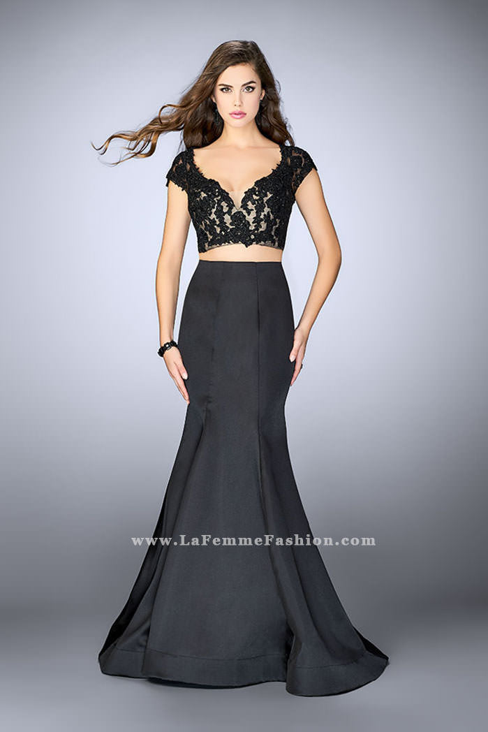 Picture of: Two Piece Mermaid Dress with Lace Top and Cap Sleeves in Black, Style: 24239, Detail Picture 1