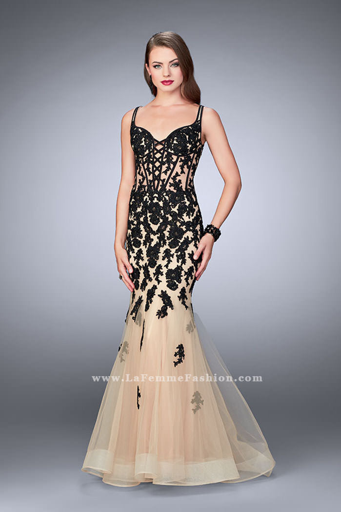 Picture of: Lace Mermaid Gown with Tulle Skirt and Lace Up Front in Black, Style: 24240, Main Picture