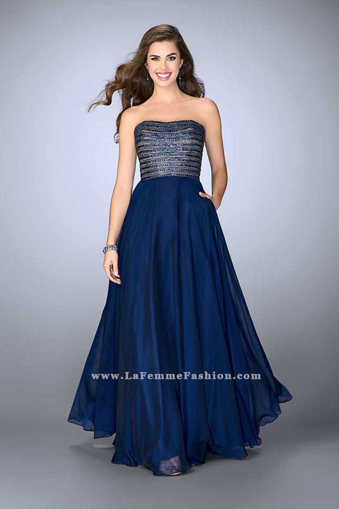 Picture of: Strapless A-line Gown with Beaded Top and Chiffon Skirt in Blue, Style: 24246, Main Picture
