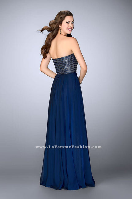 Picture of: Strapless A-line Gown with Beaded Top and Chiffon Skirt in Blue, Style: 24246, Back Picture