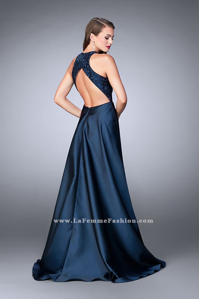 Picture of: High Neck Cape Dress with Mikado Skirt and Lace Top in Blue, Style: 24252, Back Picture