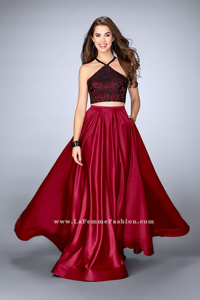 Picture of: Two Piece A-line Dress with Satin Skirt and Lace Top in Red, Style: 24264, Main Picture