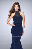Picture of: Jersey Mermaid Gown with a High Neck Beaded Top in Blue, Style: 24266, Main Picture
