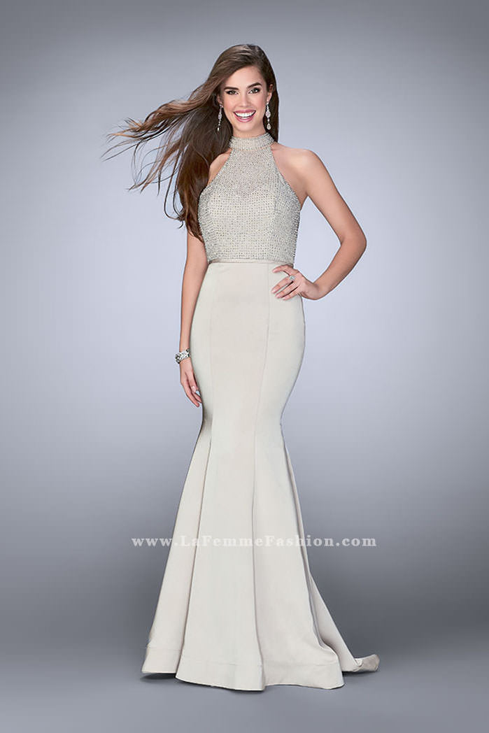 Picture of: Jersey Mermaid Gown with a High Neck Beaded Top in Nude, Style: 24266, Detail Picture 4