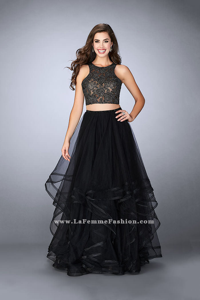 Picture of: Long Two Piece A-line Dress with Tiered Tulle Skirt in Black, Style: 24268, Detail Picture 1