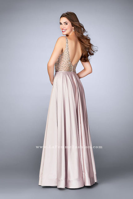 Picture of: Satin A-line Dress with Beaded Top and Deep V Neckline in Nude, Style: 24305, Back Picture