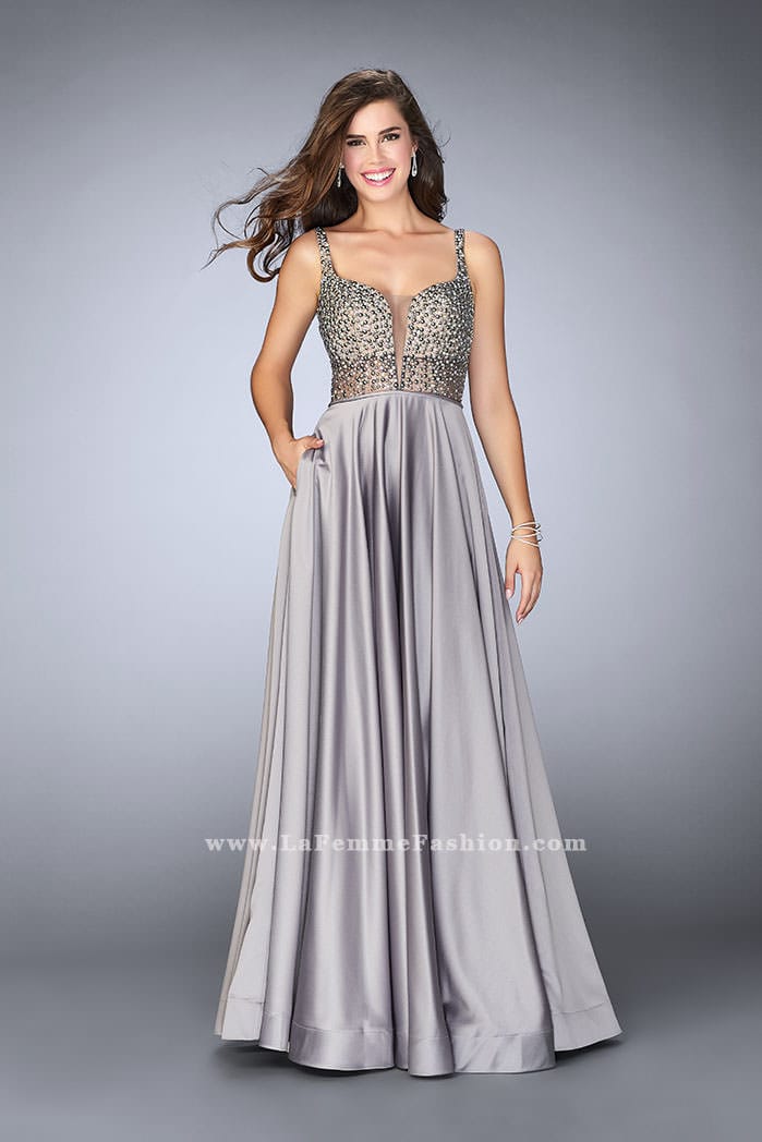 Picture of: Satin A-line Dress with Beaded Top and Deep V Neckline in Silver, Style: 24305, Detail Picture 1