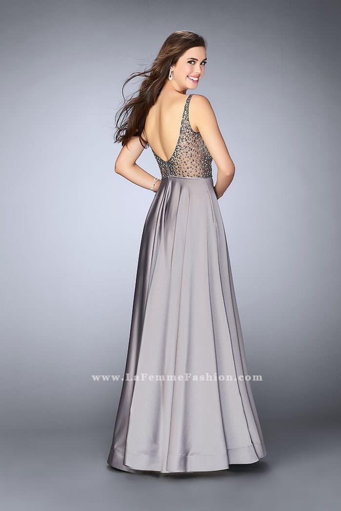 Picture of: Satin A-line Dress with Beaded Top and Deep V Neckline in Silver, Style: 24305, Detail Picture 2