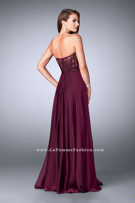 Picture of: Strapless A-line Prom Dress with Sheer Lace Bustier Top in Purple, Style: 24318, Back Picture