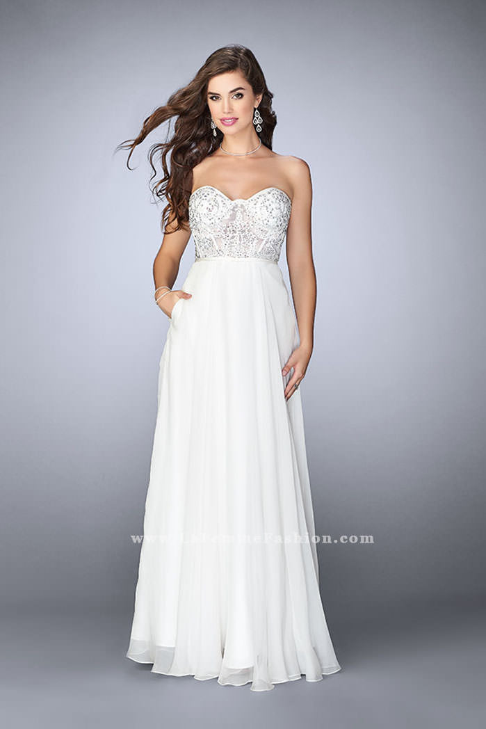 Picture of: Strapless A-line Prom Dress with Sheer Lace Bustier Top in White, Style: 24318, Detail Picture 1