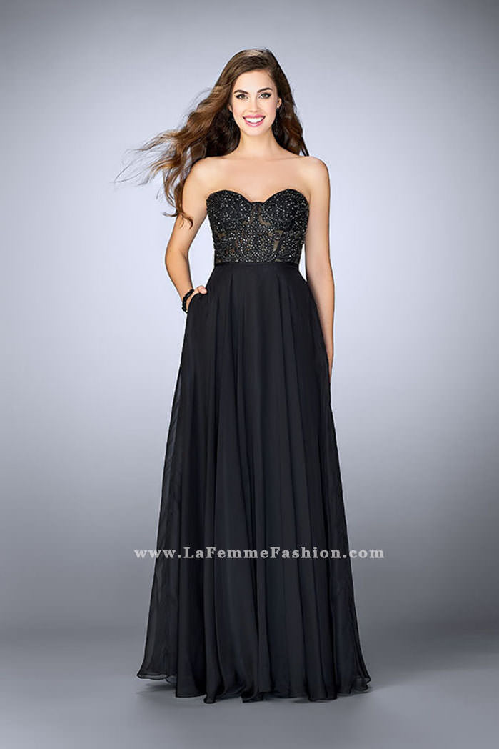 Picture of: Strapless A-line Prom Dress with Sheer Lace Bustier Top in Black, Style: 24318, Detail Picture 2