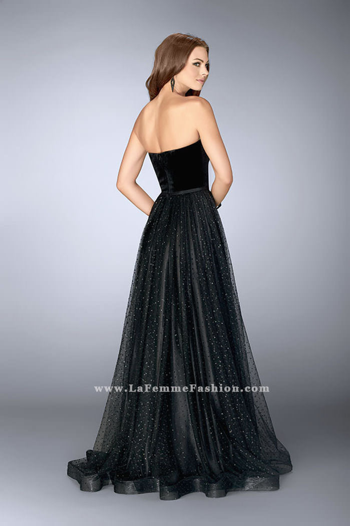 Picture of: Strapless A-line Dress with Polka Dot Sparkly Tulle Skirt in Black, Style: 24336, Back Picture