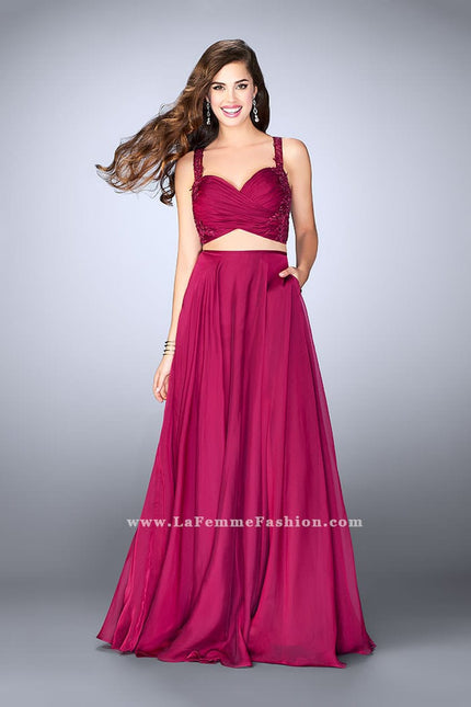 Picture of: Chiffon Two Piece A-line Dress with Sheer Lace Back in Pink, Style: 24340, Main Picture