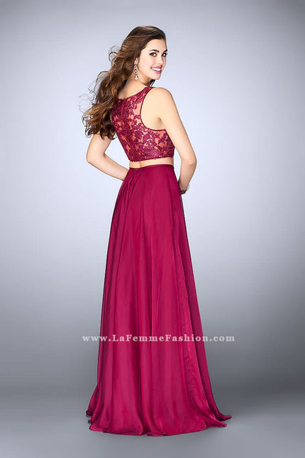 Picture of: Chiffon Two Piece A-line Dress with Sheer Lace Back in Pink, Style: 24340, Back Picture
