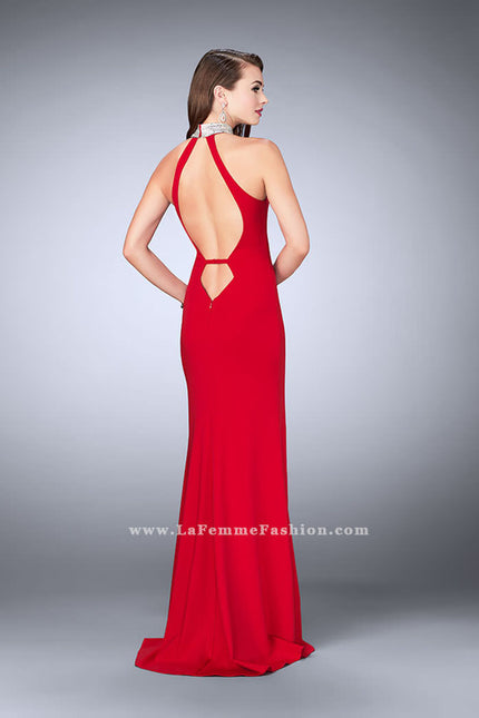 Picture of: Jersey Dress with High Beaded Collar and V Neckline in Red, Style: 24353, Back Picture