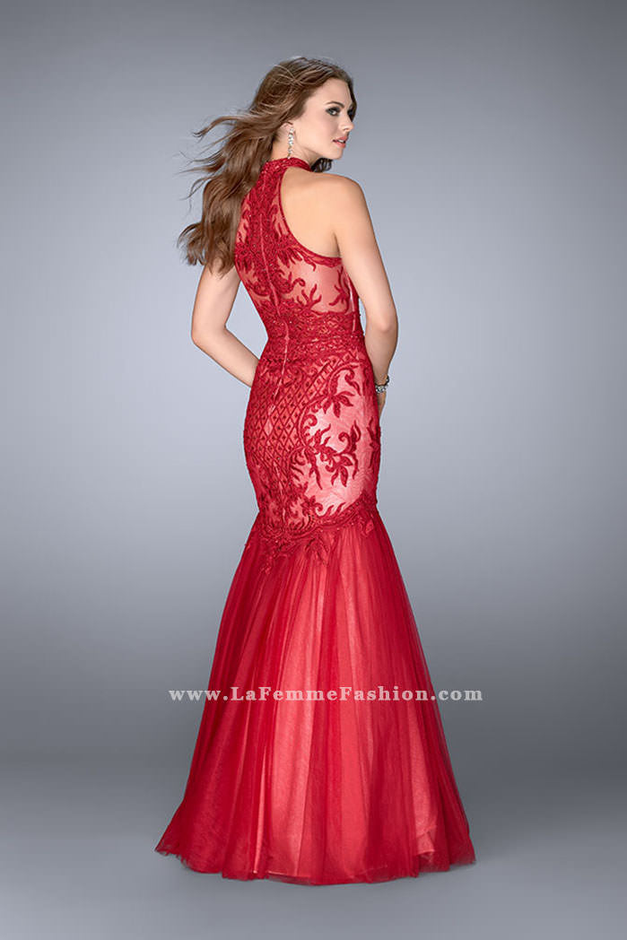 Picture of: High Neck Lace Mermaid Dress with Tulle Skirt in Red, Style: 24394, Back Picture