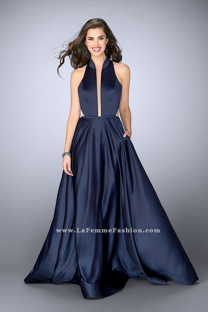 Picture of: Satin A-line Dress with Mandarin Collar and Pockets in Blue, Style: 24447, Main Picture