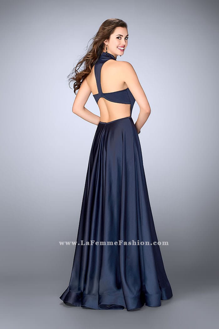Picture of: Satin A-line Dress with Mandarin Collar and Pockets in Blue, Style: 24447, Back Picture