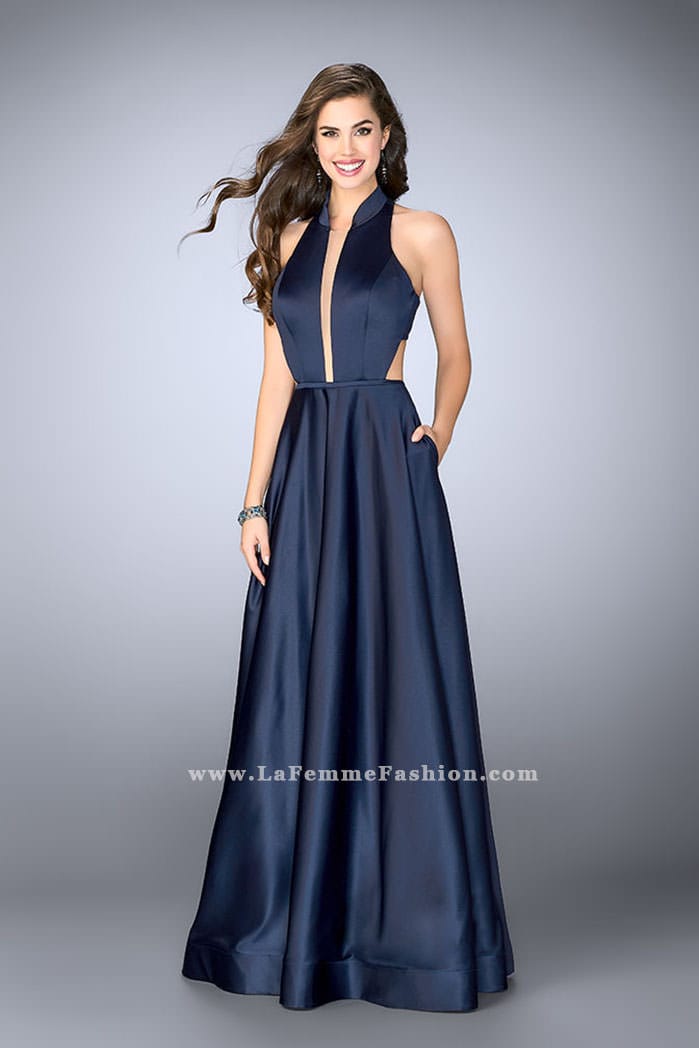 Picture of: Satin A-line Dress with Mandarin Collar and Pockets in Blue, Style: 24447, Detail Picture 1