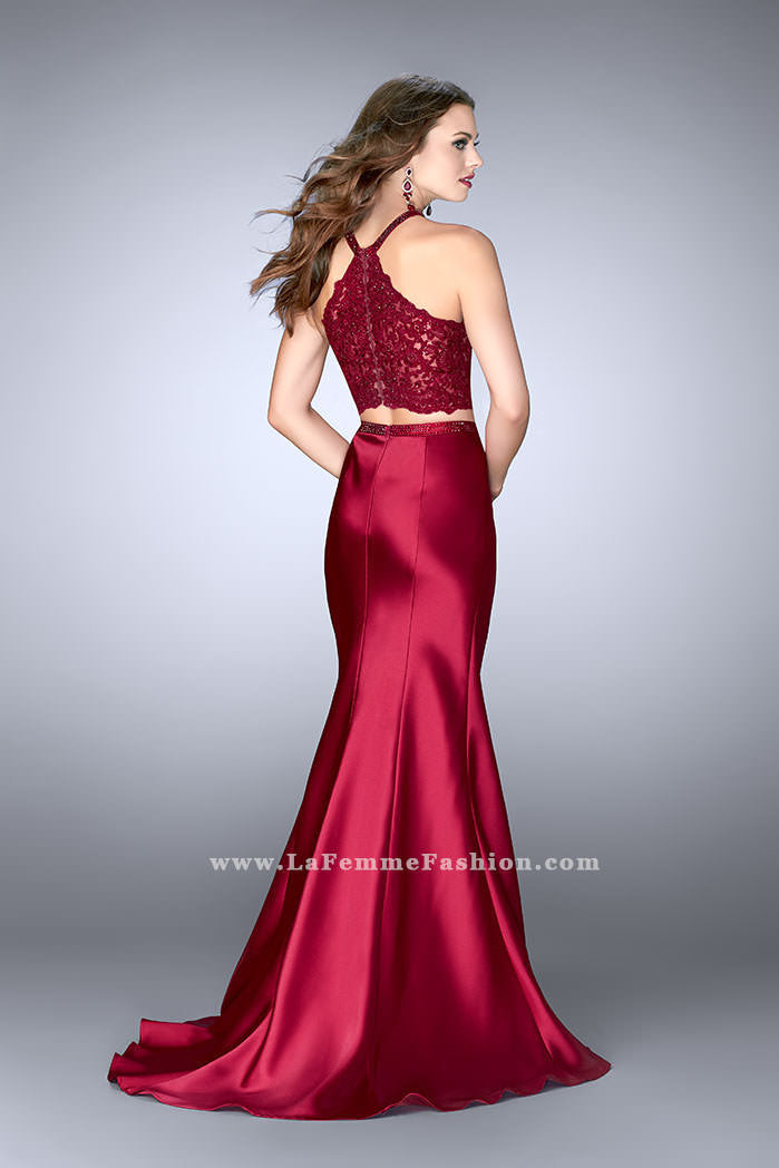 Picture of: Long Mermaid Prom Dress with a High Neck Lace Top in Red, Style: 24491, Back Picture