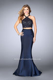 Picture of: Long Mermaid Prom Dress with a High Neck Lace Top in Blue, Style: 24491, Detail Picture 2