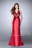 Picture of: Long Cape Prom Dress with Lace Top and V Neckline in Red, Style: 24492, Detail Picture 1