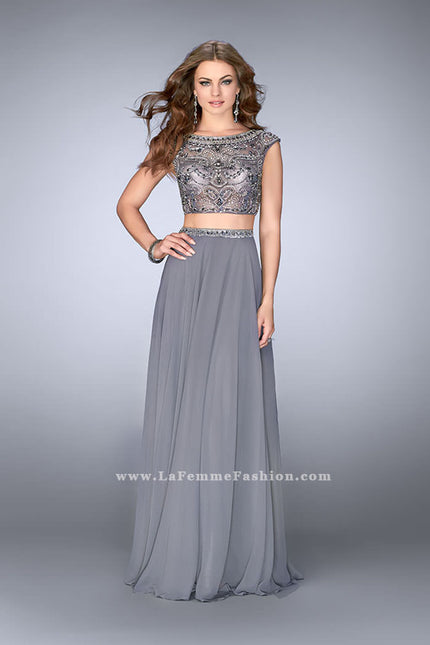 Picture of: A-line Prom Dress with Beaded Top and Cap Sleeves in Silver, Style: 24493, Main Picture