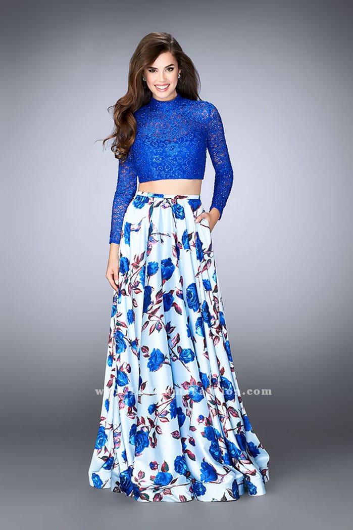 Picture of: Floral Two Piece Prom Dress with Long Sleeve Lace Top in Blue, Style: 24507, Main Picture