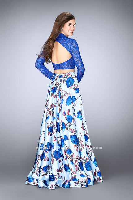 Picture of: Floral Two Piece Prom Dress with Long Sleeve Lace Top in Blue, Style: 24507, Back Picture