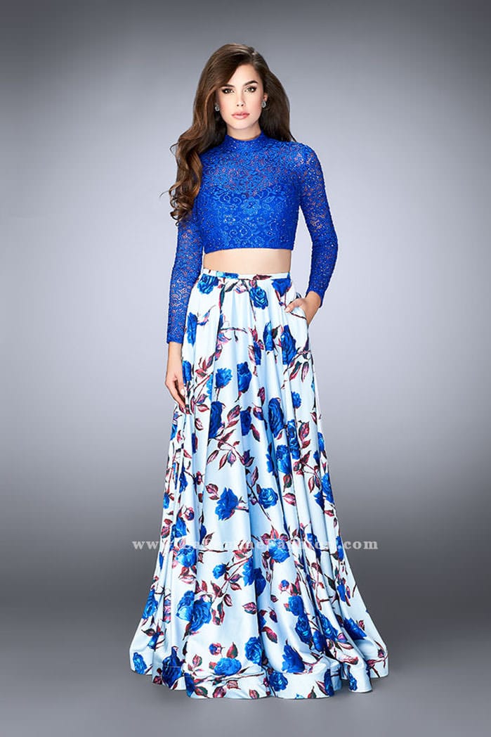 Picture of: Floral Two Piece Prom Dress with Long Sleeve Lace Top in Blue, Style: 24507, Detail Picture 1