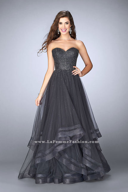 Picture of: Beaded A-line Prom Dress with a Tiered Tulle Skirt in Silver, Style: 24517, Main Picture