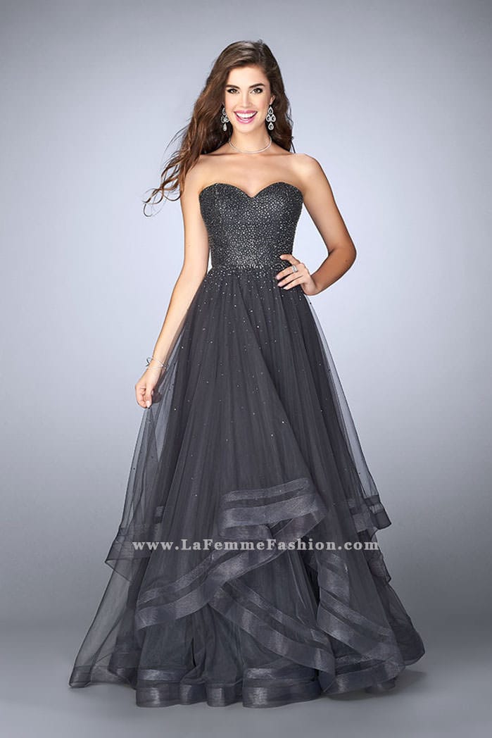 Picture of: Beaded A-line Prom Dress with a Tiered Tulle Skirt in Silver, Style: 24517, Main Picture