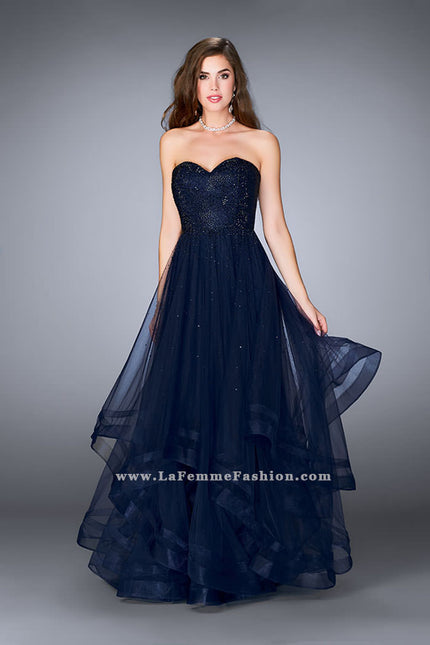 Picture of: Beaded A-line Prom Dress with a Tiered Tulle Skirt in Navy, Style: 24517, Detail Picture 2