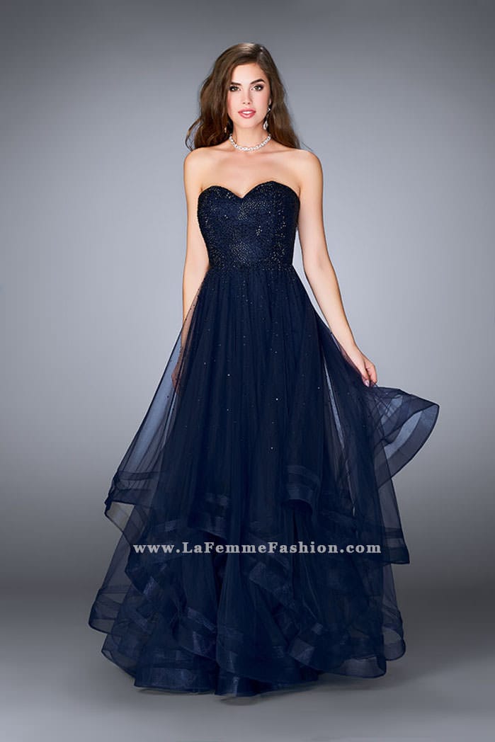 Picture of: Beaded A-line Prom Dress with a Tiered Tulle Skirt in Navy, Style: 24517, Detail Picture 2