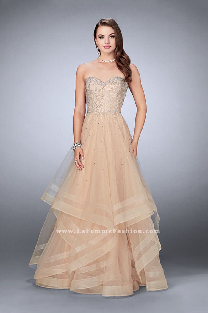 Picture of: Beaded A-line Prom Dress with a Tiered Tulle Skirt in Nude, Style: 24517, Detail Picture 3