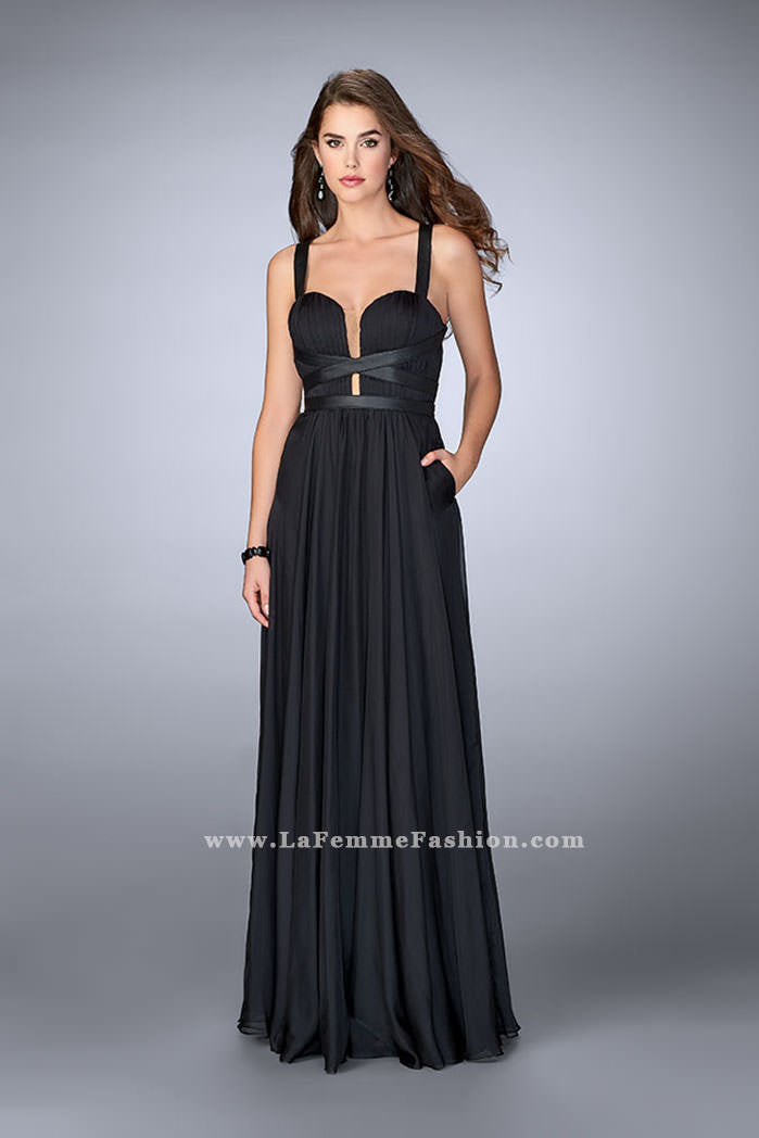 Picture of: Chiffon A-line Prom Dress with Vegan Leather Straps in Black, Style: 24536, Detail Picture 2