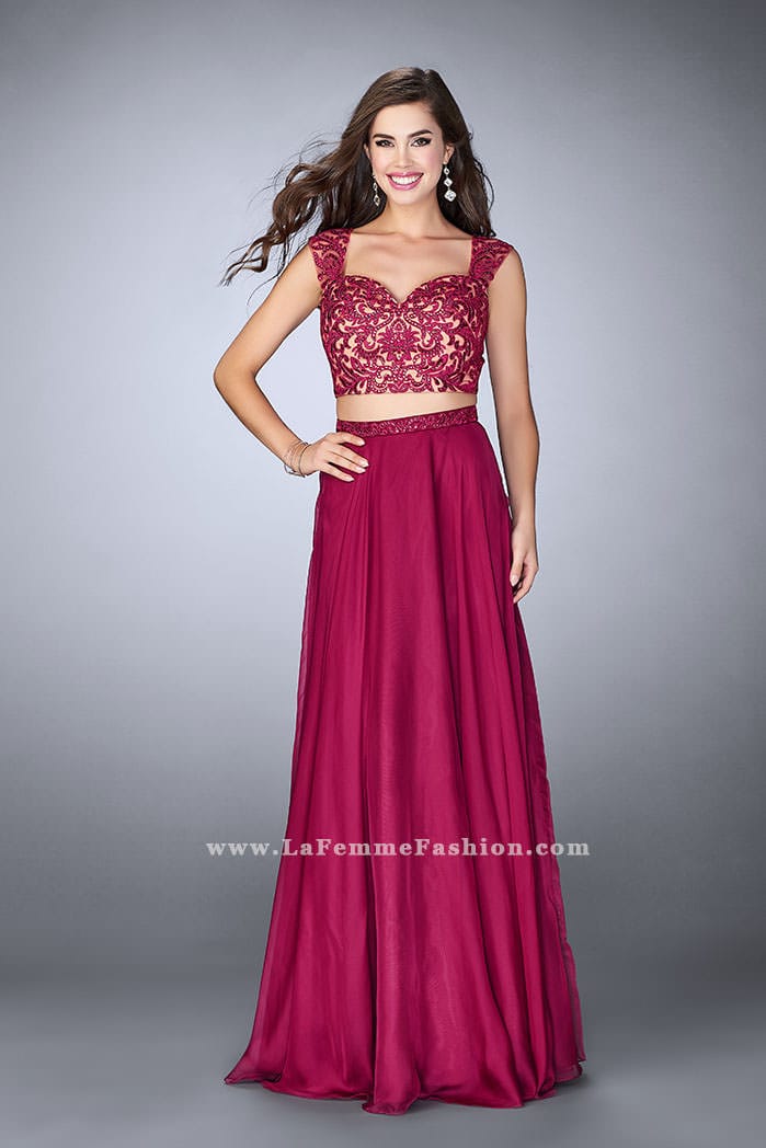 Picture of: Two Piece Chiffon Dress with Lace Top and Beaded Belt in Pink, Style: 24564, Main Picture